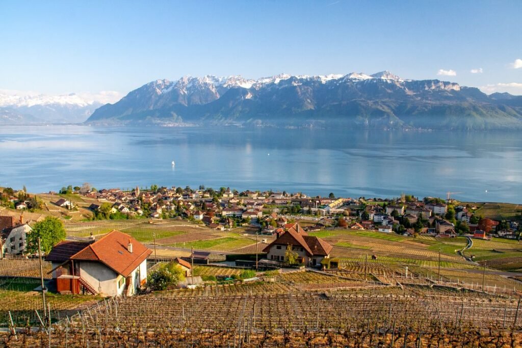 Village au bord du lac Léman avec vignobles et Alpes en arrière-plan